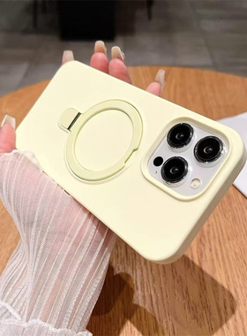 奶黄色适用苹果16Promax手机壳iPhone15Promax液态硅胶14Pro折叠支架13/12简约情侣11纯色男女plus防摔保护套