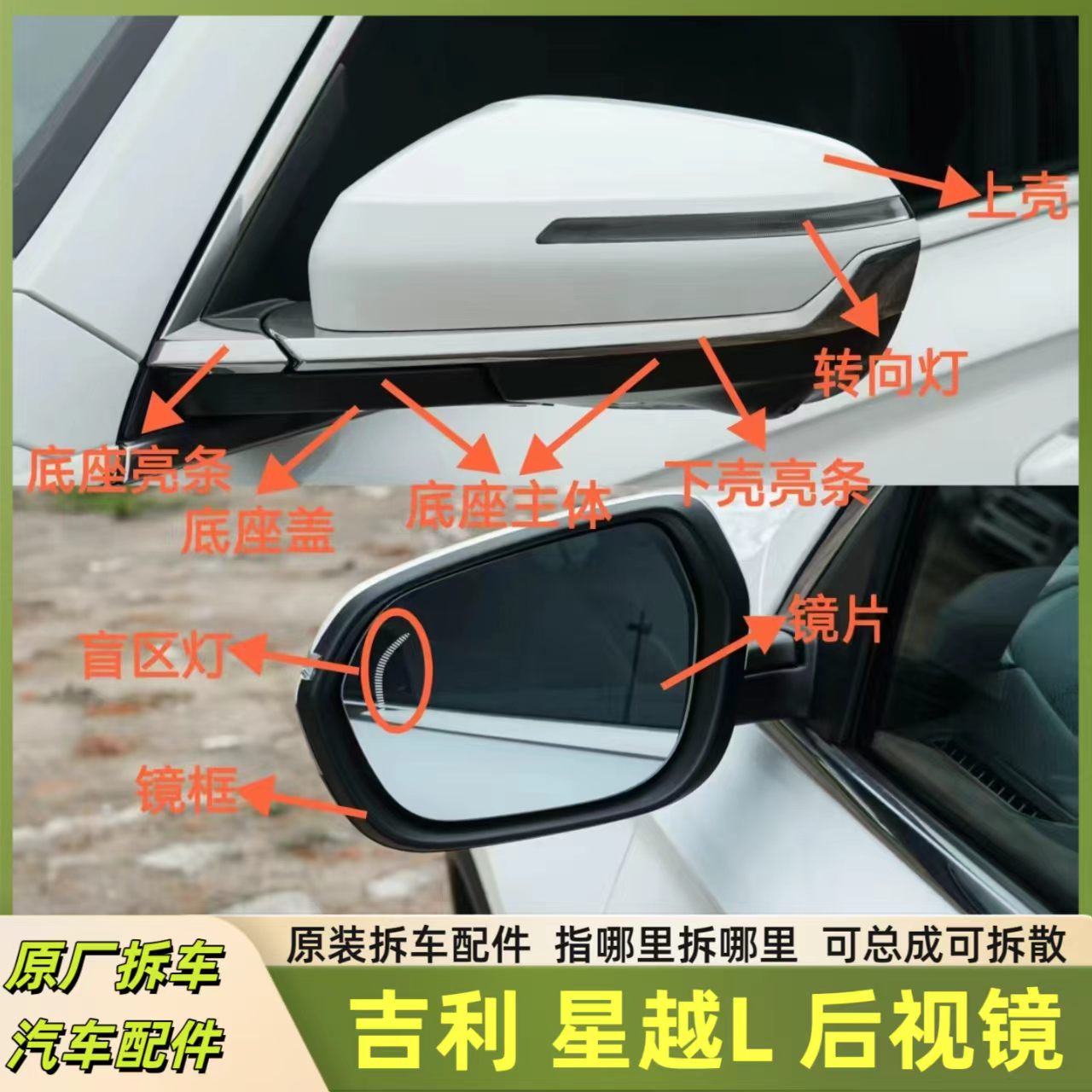 适用吉利星越L反光镜片倒车镜框后视镜总成外壳底座转向灯电机灯