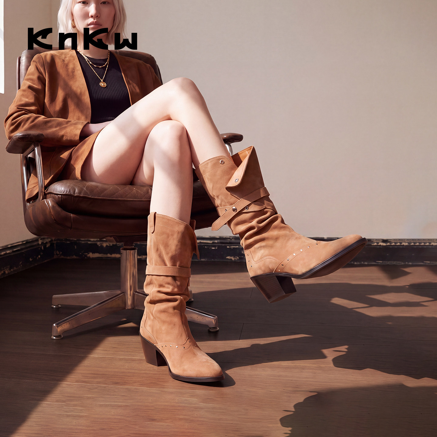 knkw秋季新款西部牛仔风堆堆靴女