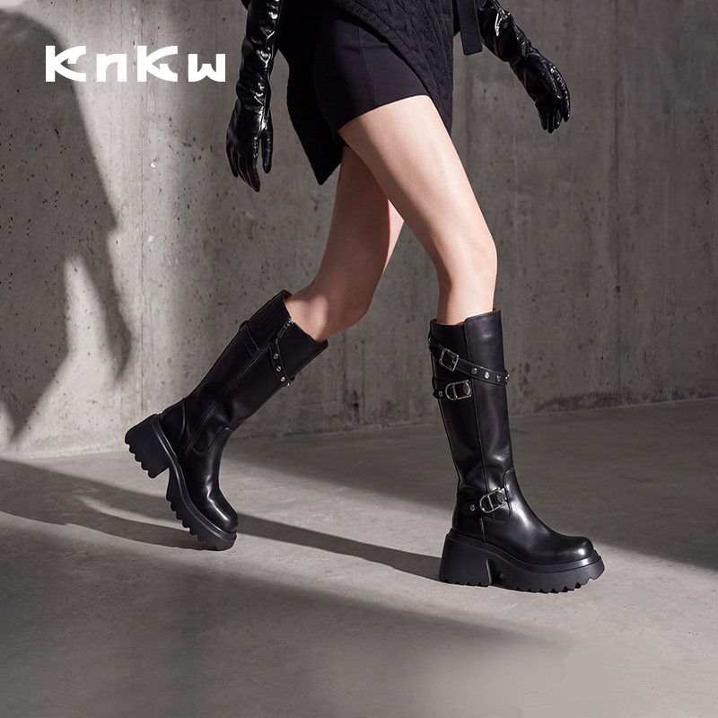 knkw黑色厚底显瘦机车骑士女款靴