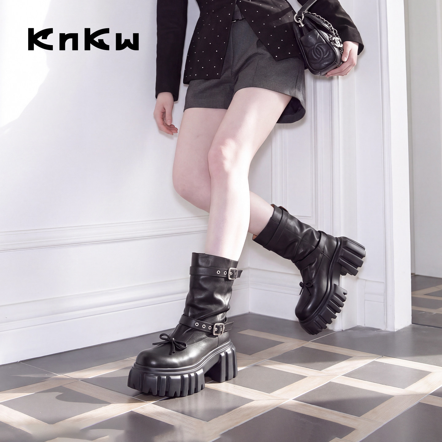 knkw黑色厚底增高女款短靴朋克风