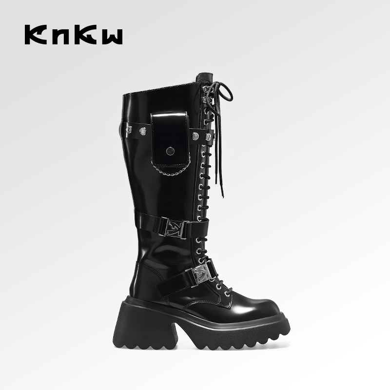 knkw可拆卸口紅包假鞋帶設計長靴