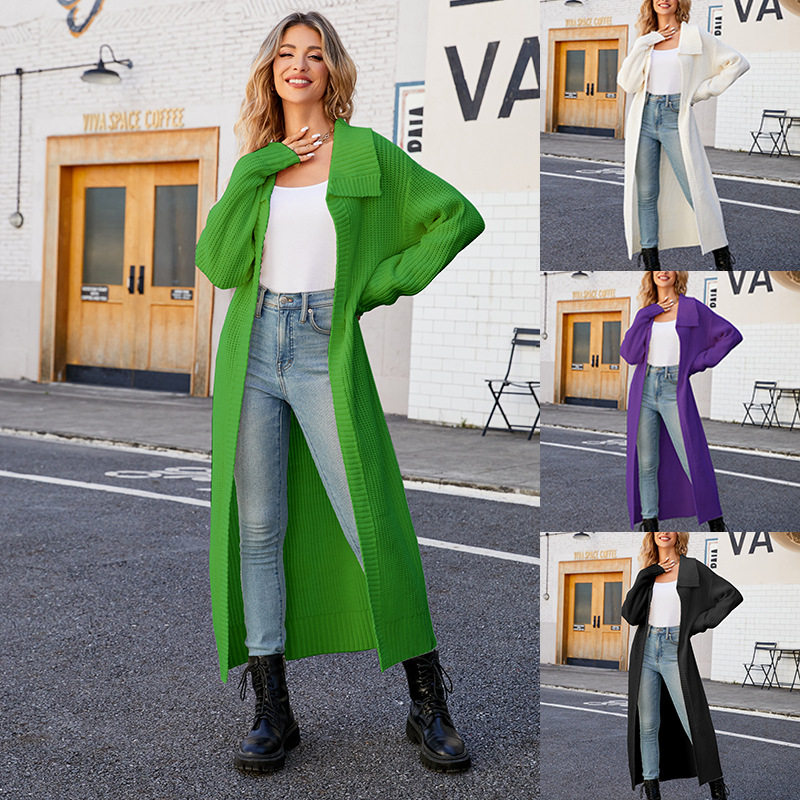 Women collar long cardigan sweater jacket女翻领长款毛衣开衫