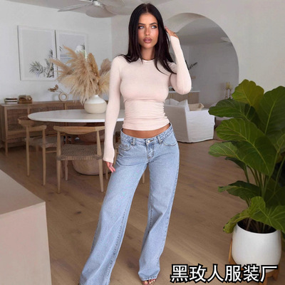 High waisted jeans straight leg loose denim pants牛仔裤女