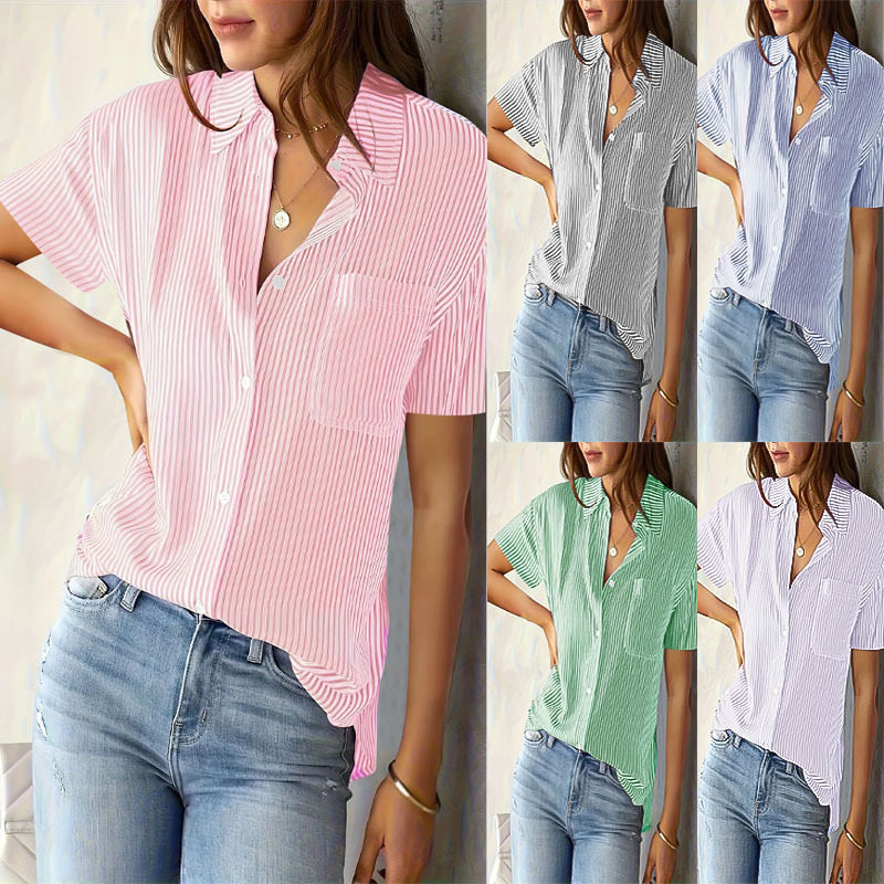 5XL plus size women's striped short sleeved shirt短袖衬衫女