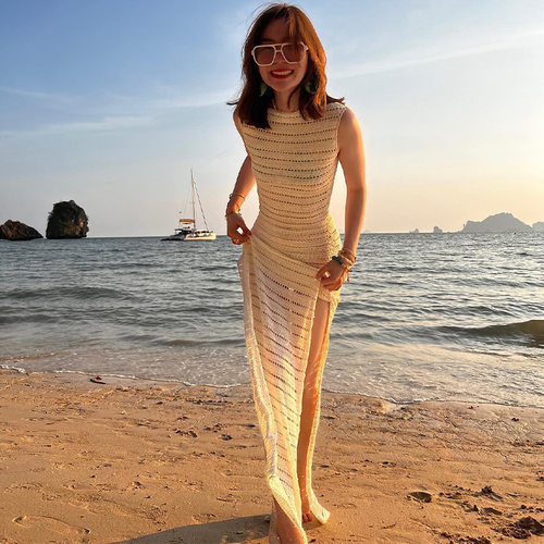 Women round neck sleeveless vest knitted slit dress女针织裙