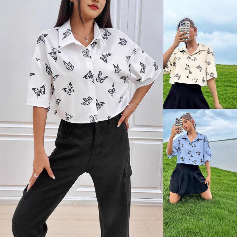 Women's printed short sleeved shirt欧美短袖蝴蝶印花衬衫女装