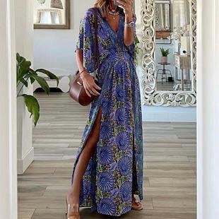 Bohemian dress long slit side sleeved short neck Women