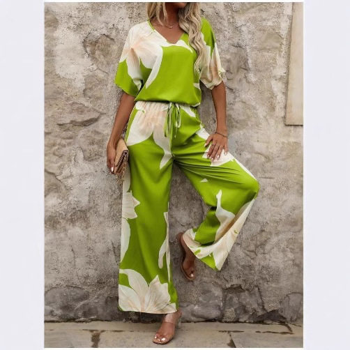 Women's printed T-shirt+pants set女印花时尚休闲女T恤长裤套装