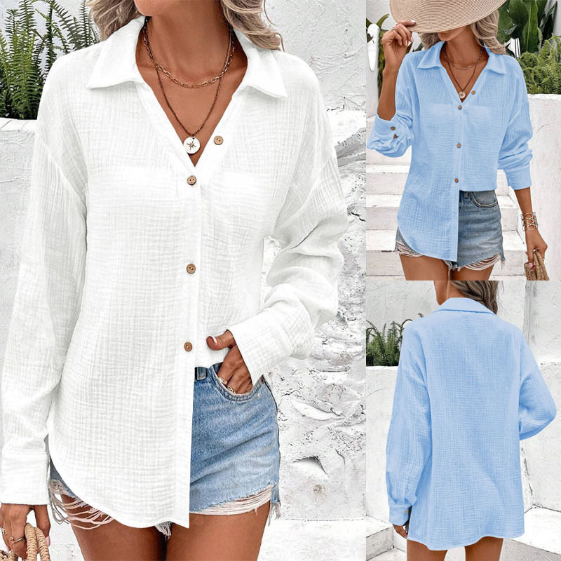 Women's loose long sleeved shirt双层皱衬衫纯色翻领宽松长袖女