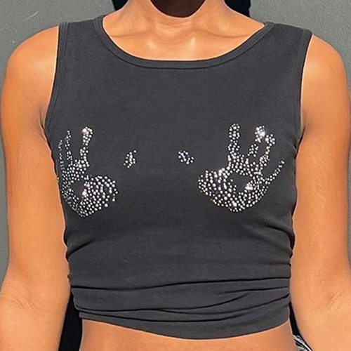 Women vest T-shirt Y2K女新款圆领烫钻无袖露脐修身背心T恤上衣