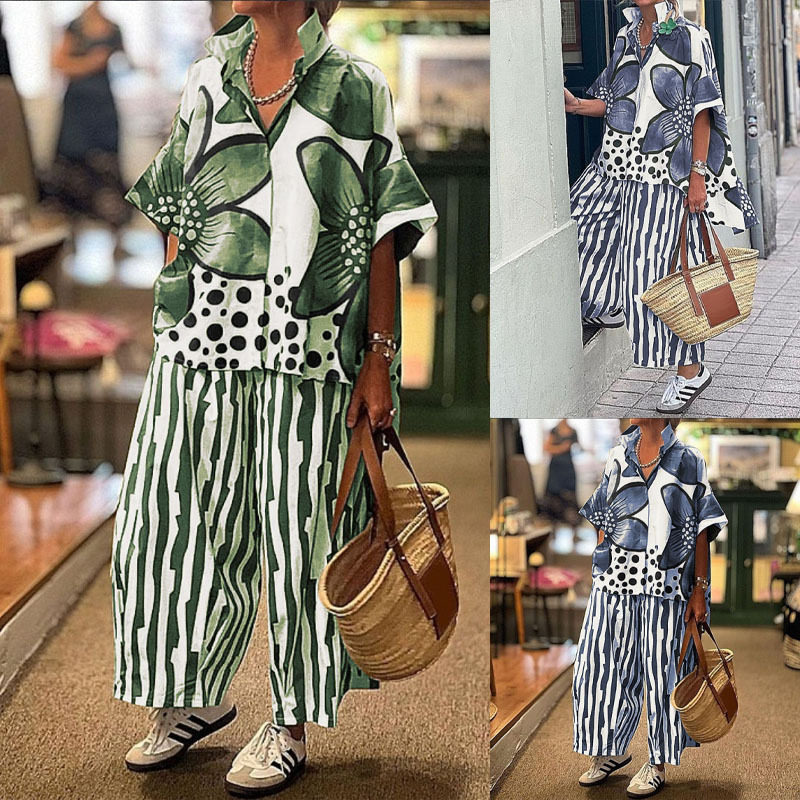 Women's printed shirt and pants casual set女印花衬衫长裤套装