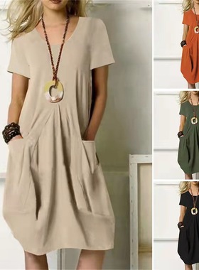 Women cotton and linen round neck short sleeved dress连衣裙