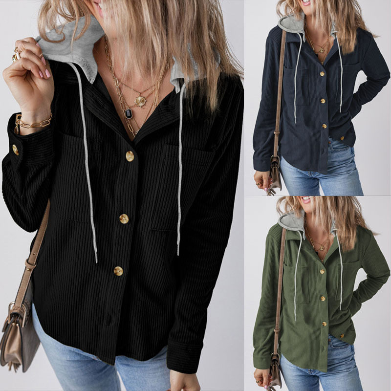 Autumn/Winter Women's Button Hooded Coat连帽长袖夹克衫外套女