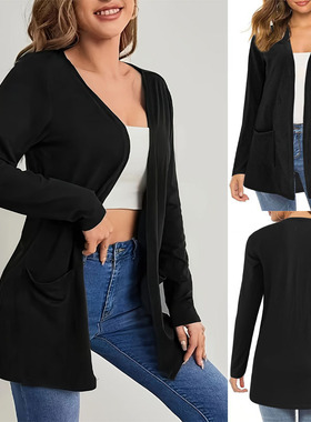 Women's plus size cardigan pocket long sleeved jacket女外套