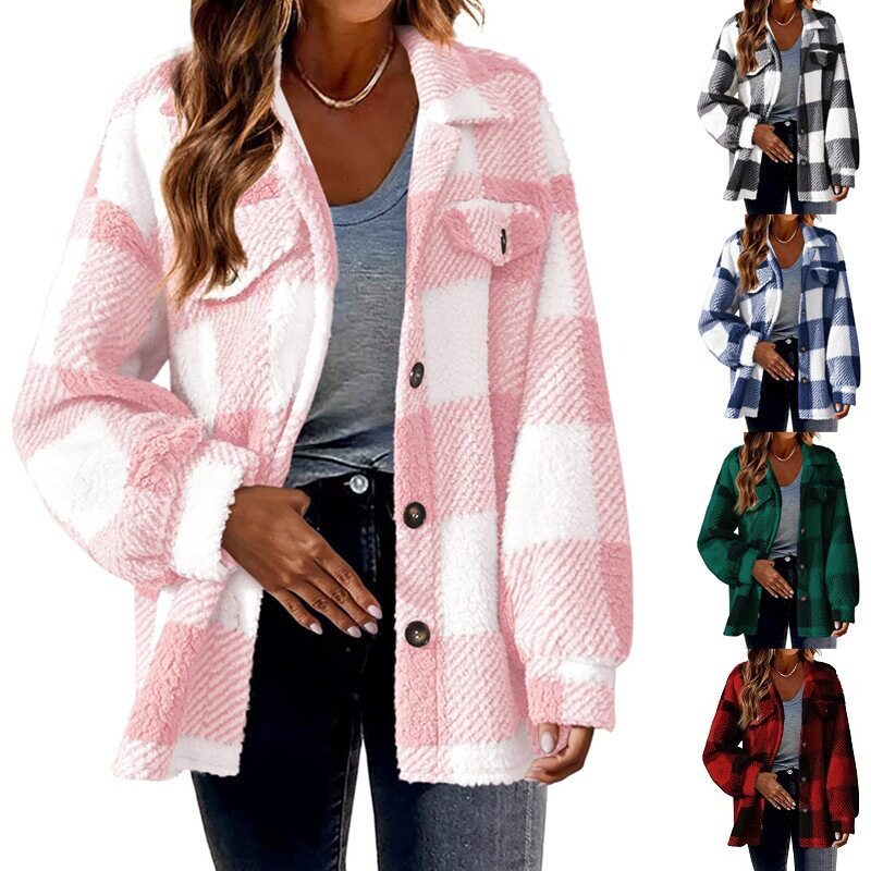 Women pocket plaid lambskin plush jacket女格子羊羔绒毛绒外套