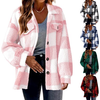Women pocket plaid lambskin plush jacket女格子羊羔绒毛绒外套