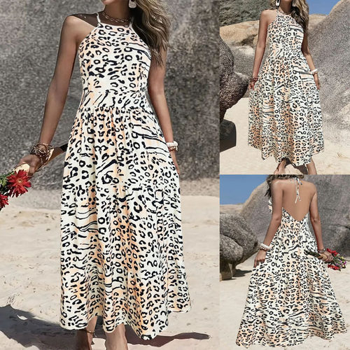 Women leopard print camisole long dress吊带波西米亚豹纹长裙