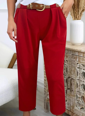 Women's leather belt solid color pants女春季口袋皮带纯色长裤