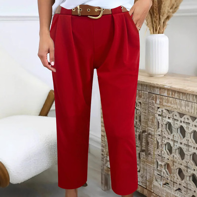 Women's leather belt solid color pants女春季口袋皮带纯色长裤