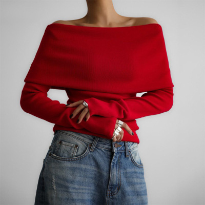 Women off shoulder base shirt, long sleeved knit shirt针织衫
