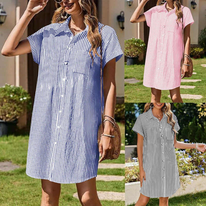 Women short sleeved striped shirt dress女条纹衬衫连衣裙短袖