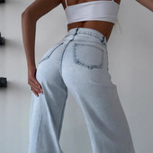 复古 Retro Women Leg Denim Wide 女阔腿裤 Washed Pants牛仔裤