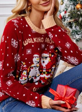 Women red snowflake Christmas pullover sweater女红色圣诞毛衣