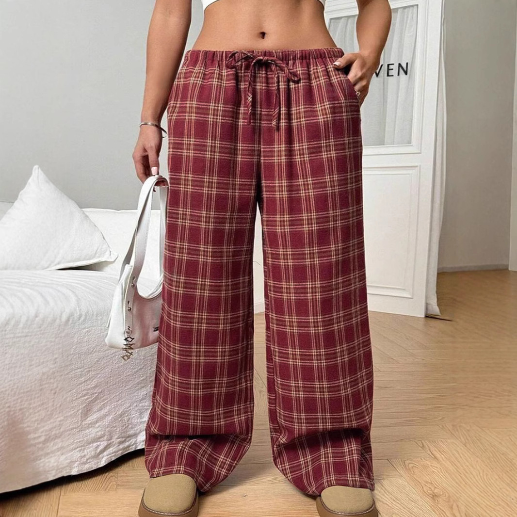 Women's loose drawstring plaid pants女休闲裤抽绳格子口袋长裤