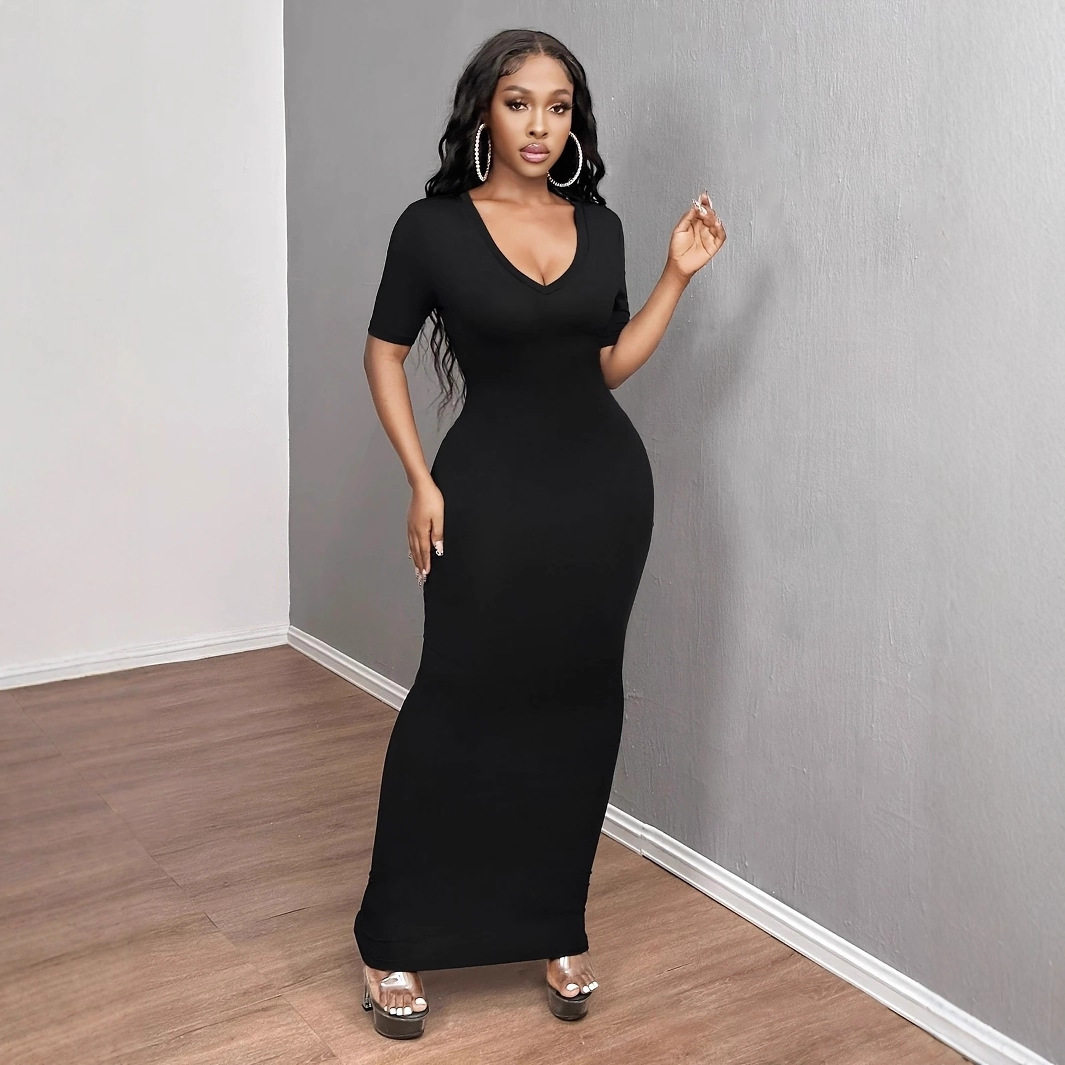 Women sexy short sleeved V-neck hip hugging dress包臀连衣裙