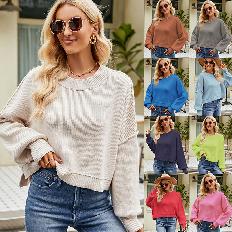 Women loose short pullover sweater女秋冬宽松短款套头毛衣圆领
