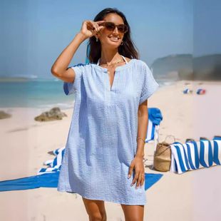 loose long short Women shirt女短袖 striped sleeved vacation