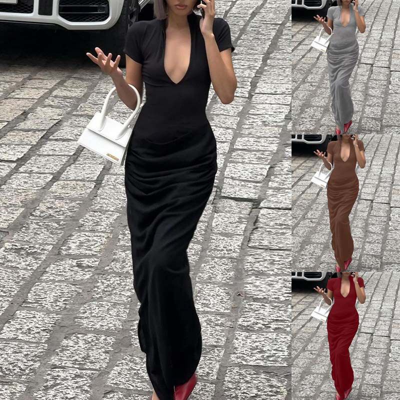 Women sexy deep V-neck short sleeved dress女深V领短袖连衣裙