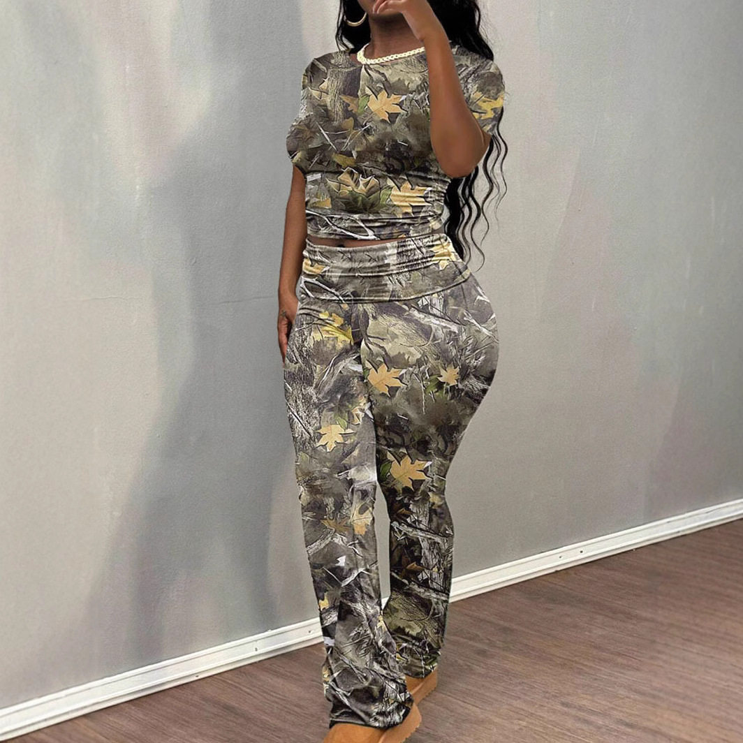 Women printed short sleeved+long pants set女印花短袖长裤套装