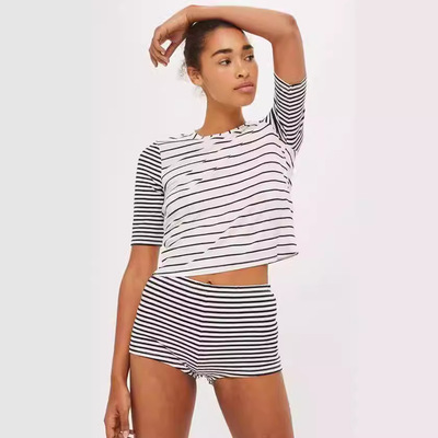 Women striped short sleeved T-shirt+high waisted shorts set