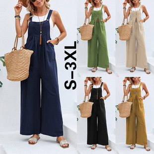 casual color shoulder strap Women pants女休闲背带长裤 solid