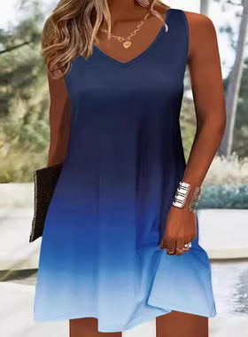 Women's plus size printed vest skirt女大码印花背心裙无袖V领