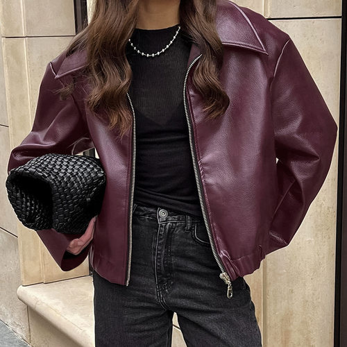 Women's motorcycle style loose leather jacket女宽松皮夹克
