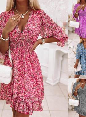 Women's V-neck Bohemian short sleeved mid length dress