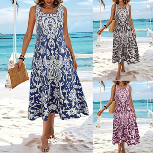 Bohemian jumpsuit女无袖 round sleeveless 连衣长裙 neck Women