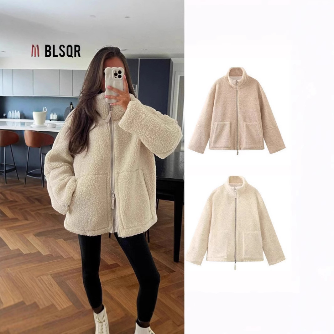 Women's lazy style lamb wool high neck woolen woolen coat女