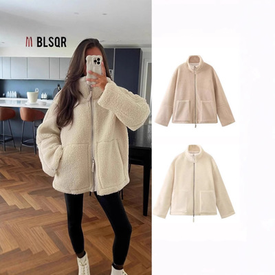 Women's lazy style lamb wool high neck woolen woolen coat女