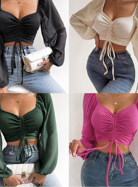 Women's long sleeved top with sexy V-neck lantern sleeves