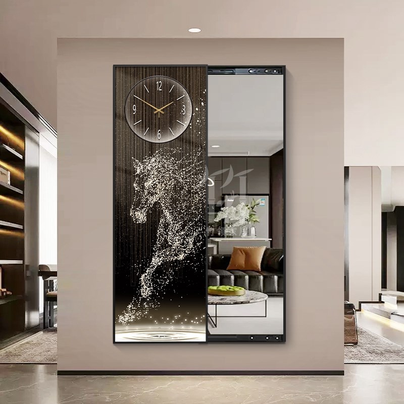 马到成功隐形穿衣镜可推拉玄关全身镜子画高档带钟表隐藏式试衣镜