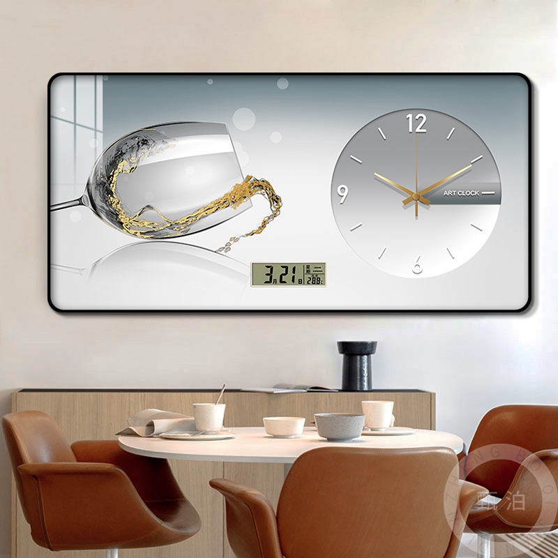 轻奢电子静音万年历钟表画现代酒杯餐厅带时钟装饰画大气晶瓷挂画