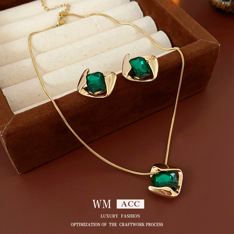 银针菱形方形耳钉项链复古轻奢