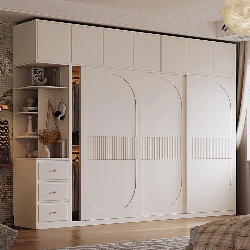 奶油风推拉门衣柜卧室白色简约现代小户型家用滑移门储物衣橱柜子