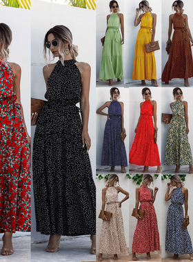 Summer Elegant Sexy beach long Dress Women挂脖性感沙滩度假裙