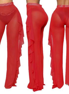 New Sexy Ruffle Women Beach Mesh Pants Sheer Wide Leg Pants