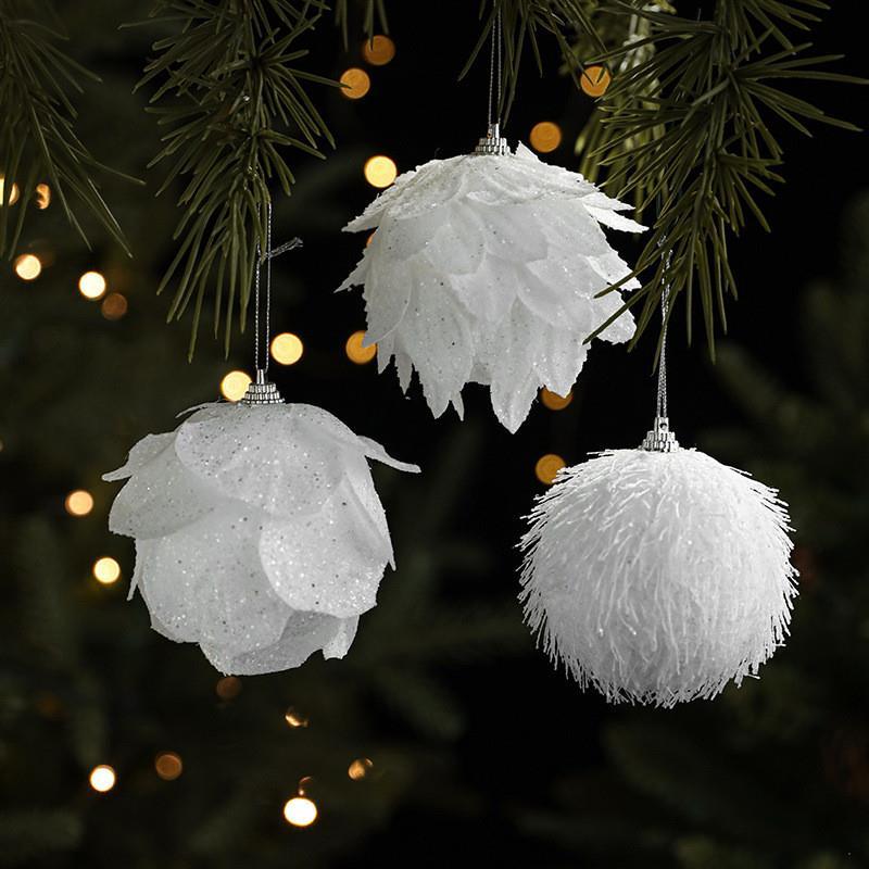 Flocked Snowball Ornament, White Flower Christmas Tree Decor